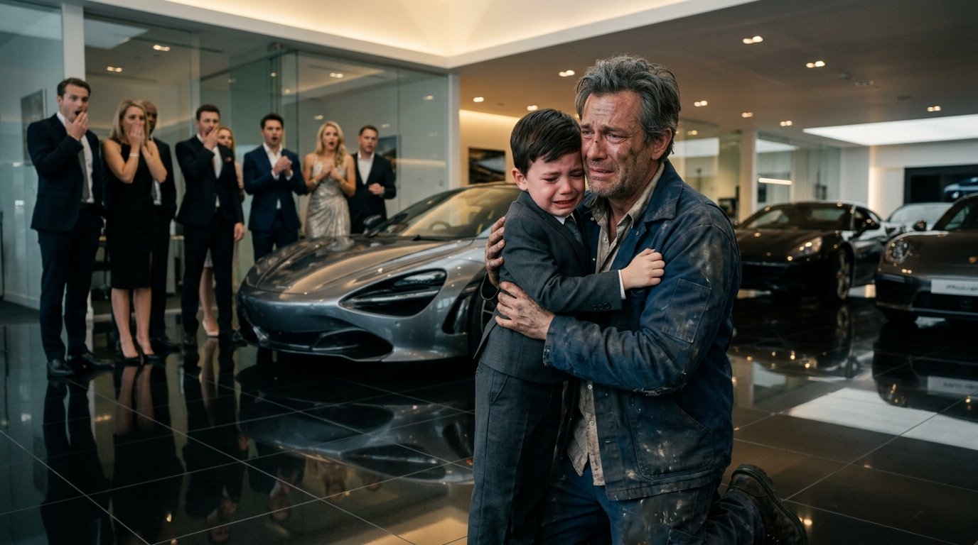 Showroom Fell Silent When My Son Hugged the Dirty Groundskeeper—Then the Old Photo in His Pocket Shattered a Billionaire’s Darkest Lie